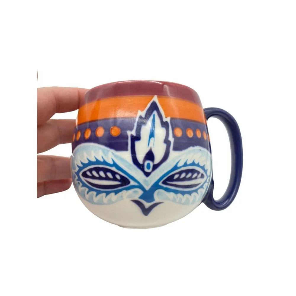 Anthropologie boho feather‎ owl coffee mug cup 10oz ceramic potbelly